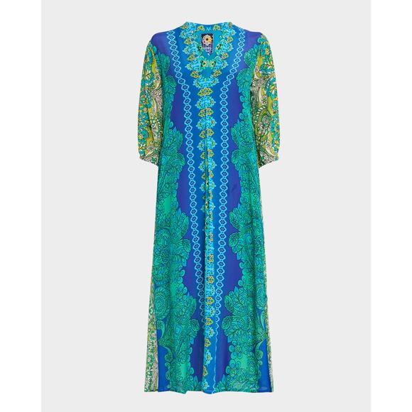 Johnny Was Dresses & Skirts - Johnny Was 100% Silk Kahinu Kaftan Boho Arstsy Maxi Dress Blue Green S NWT